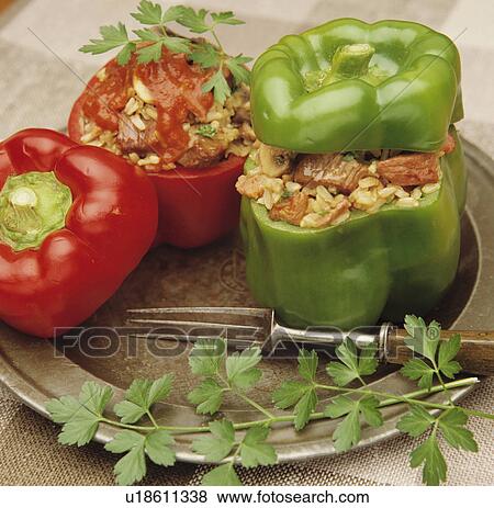 Stock Photo - stuffed, red, green, pepper, main, food. Fotosearch