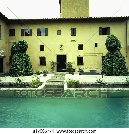 Stock Image - Swimming pool in front of large Italian villa. Fotosearch