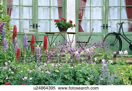Table and chairs in front of French windows in country garden in summer View Large Photo Image Stock Photography - Table and chairs in front of French windows in country garden in summer. Fotosearch