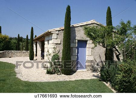 Stock Image - Tall cypress trees in gravel in front of small house in Provence. Fotosearch