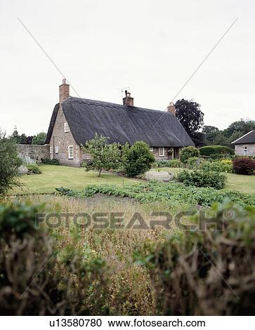 Stock Image - Traditional thatched English country cottage with large front garden. Fotosearch