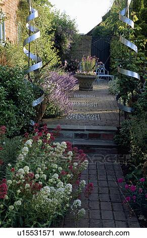 Valerian beside brick path in country garden in summer View Large Photo Image Stock Image - Valerian beside brick path in country garden in summer. Fotosearch