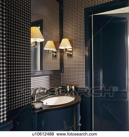 Pictures Of Wall Light Above Basin In Cloakroom With Black White Picture Wall Light Above Basin In Cloakroom With Black White Checked Wallpaper