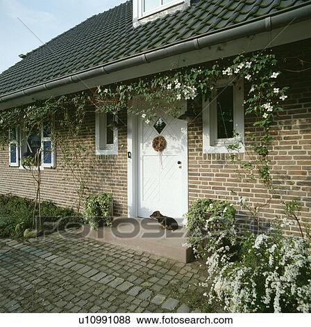 Stock Photo - White front door on single-storey traditional brick cottage. Fotosearch