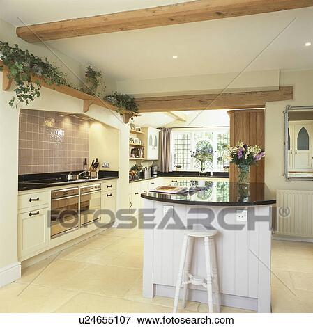White island unit in neutral kitchen with limestone floor View Large Photo Image Stock Photo - White island unit in neutral kitchen with limestone floor. Fotosearch