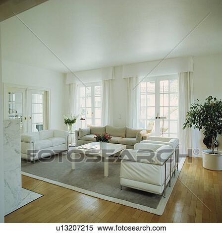 White sofa in modern living room with grey rug on wooden flooring View Large Photo Image Stock Photography - White sofa in modern living room with grey rug on wooden flooring. Fotosearch