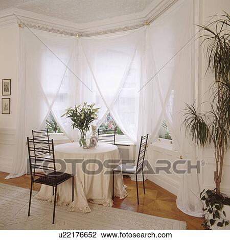 White tablecloth and black metal chairs in front of window with white voile curtains in white dining room with Dracaena View Large Photo Image Stock Image - White tablecloth and black metal chairs in front of window with white voile curtains in white dining room with Dracaena. Fotosearch