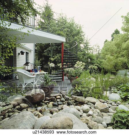 White wicker chairs on patio beside rockery and pond in country garden View Large Photo Image Stock Image - White wicker chairs on patio beside rockery and pond in country garden. Fotosearch