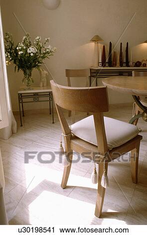 Stock Image - Wooden chair with white cushion in neutral dining room with wooden flooring. Fotosearch
