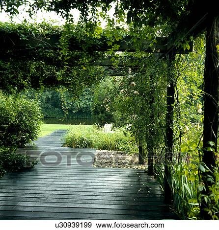 Wooden pergola in country garden in summer View Large Photo Image Stock Photo - Wooden pergola in country garden in summer. Fotosearch