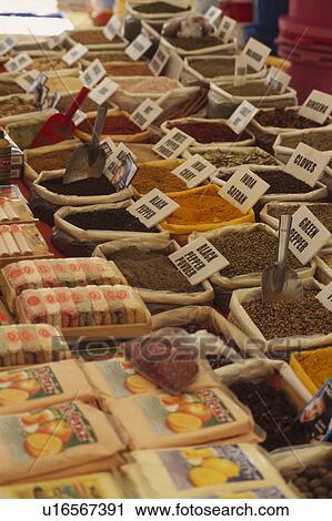 Stock Image - A huge array of spices available in the spice markets of most Turkish towns.. Fotosearch