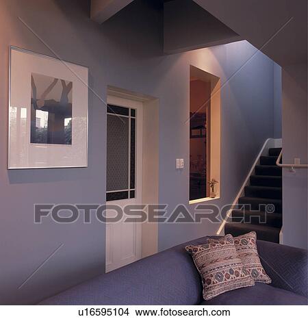 Blue sofa in modern grey living room View Large Photo Image Picture - Blue sofa in modern grey living room. Fotosearch