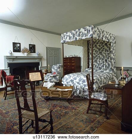 Blue+white floral curtains on four-poster bed in traditional bedroom with antique cradle and chairs and oriental carpet View Large Photo Image Stock Photograph - Blue+white floral curtains on four-poster bed in traditional bedroom with antique cradle and chairs and oriental carpet. Fotosearch