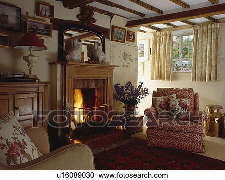 China Staffordshire Dogs On Wooden Mantelpiece Above Fireplace