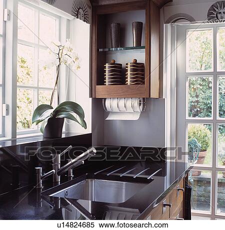 Chrome mixer table and white ceramic sink underset in black granite worktop View Large Photo Image Stock Photography - Chrome mixer table and white ceramic sink underset in black granite worktop. Fotosearch
