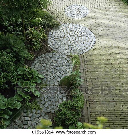 Picture - Circular paving in summer garden. Fotosearch