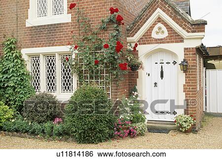 Stock Photograph - Clipped shrub and red roses in front of brick house with lattice windows and white door on porch. Fotosearch