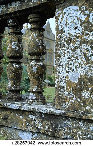 Stock Image - Close-up of lichen on stone ballustrade and wall. Fotosearch