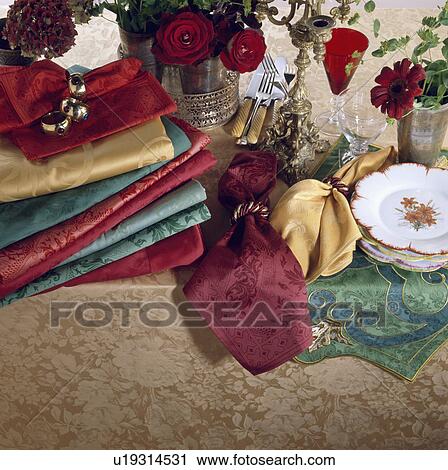 Close-up of red and green damask napkins with cutlery and crockery View Large Photo Image Stock Image - Close-up of red and green damask napkins with cutlery and crockery . Fotosearch
