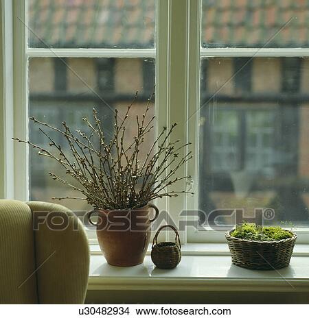 Close-up of spring branches in pottery vase on window sill View Large Photo Image Picture - Close-up of spring branches in pottery vase on window sill. Fotosearch