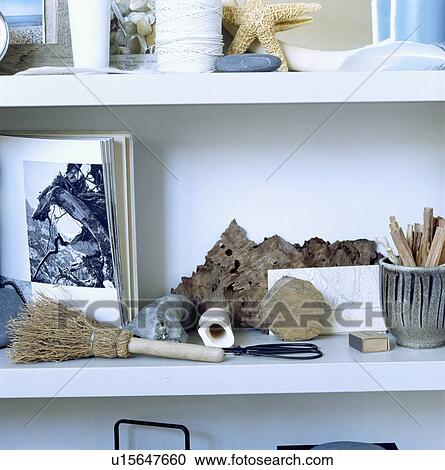 Close-up of white shelves with collection of found objects View Large Photo Image Stock Image - Close-up of white shelves with collection of found objects. Fotosearch