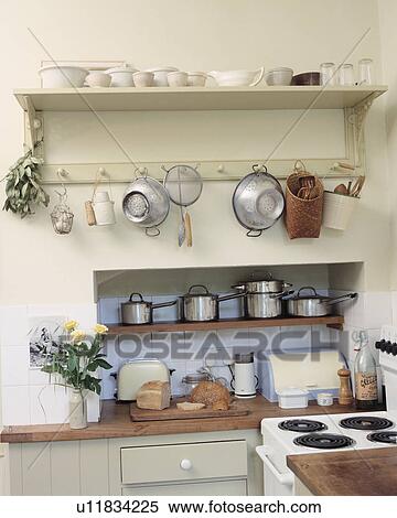 Colanders on pegboard above saucepans on recessed shelf above worktop in corner of cream kitchen View Large Photo Image Stock Photography - Colanders on pegboard above saucepans on recessed shelf above worktop in corner of cream kitchen. Fotosearch