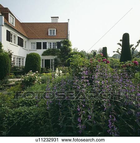 Colourful flowering plants in garden of large traditional country house in summer View Large Photo Image Stock Image - Colourful flowering plants in garden of large traditional country house in summer. Fotosearch