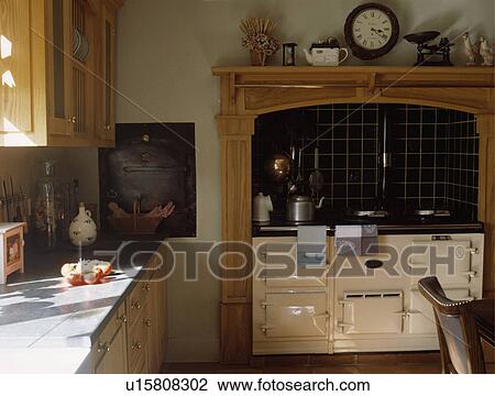 Stock Image - Cream Aga oven in traditional country kitchen. Fotosearch