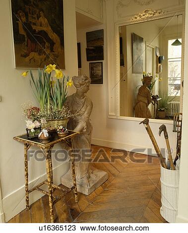 Daffodils in pot on bamboo table beside classical statue in white hall with large mirror and parquet flooring View Large Photo Image Stock Image - Daffodils in pot on bamboo table beside classical statue in white hall with large mirror and parquet flooring. Fotosearch