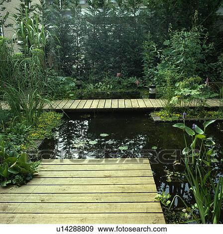 Decking bridge over still water with reflections in small urban garden View Large Photo Image Stock Photo - Decking bridge over still water with reflections in small urban garden . Fotosearch