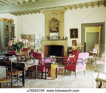 Picture - Fireplace in traditional country living room. Fotosearch