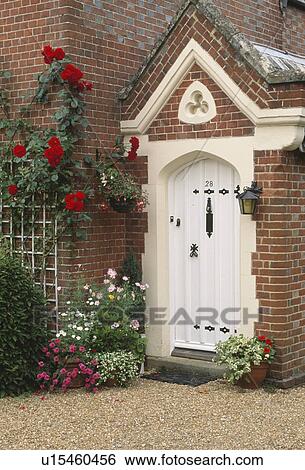 Flowering plants in pots on gravel in front of porch with white door and red roses on the wall View Large Photo Image Stock Photograph - Flowering plants in pots on gravel in front of porch with white door and red roses on the wall. Fotosearch