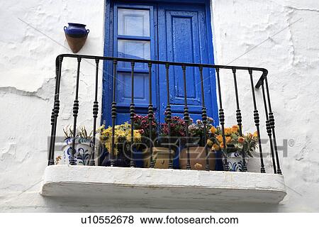 flowering plants on balcony of Spanish house with bright blue shutters on window View Large Photo Image Stock Photo - flowering plants on balcony of Spanish house with bright blue shutters on window. Fotosearch