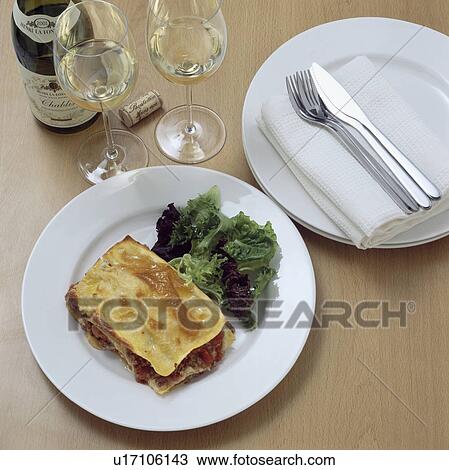 Stock Image - food, hobs, lasagne, italian, white, wine, drink. Fotosearch