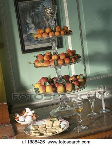 Fresh apricots and peaches on tiered antique glass stand View Large Photo Image Stock Photograph - Fresh apricots and peaches on tiered antique glass stand. Fotosearch