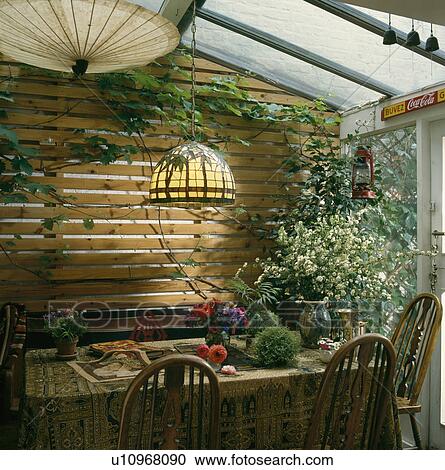Glass lampshade over wooden dining table in small conservatory extension with trellis panelling View Large Photo Image Stock Image - Glass lampshade over wooden dining table in small conservatory extension with trellis panelling. Fotosearch