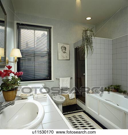 Large grey and white bathroom with shower cubicle View Large Photo Image Stock Image - Large grey and white bathroom with shower cubicle. Fotosearch