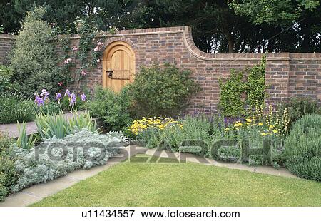 Lawn and herbaceous border in walled country garden in summer View Large Photo Image Stock Photo - Lawn and herbaceous border in walled country garden in summer. Fotosearch