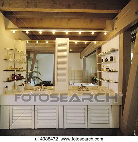 Lighting And Mirror Above Double Basins In Ed White Vanity Double Basins In Ed White Vanity