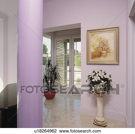Maurve pillar in modern mauve hall with marble floor tiles and picture above houseplant on pedestal View Large Photo Image Stock Image - Maurve pillar in modern mauve hall with marble floor tiles and picture above houseplant on pedestal . Fotosearch