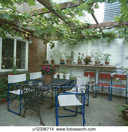 Metal table and chairs in conservaory extension with grapevine growing on pergola View Large Photo Image Picture - Metal table and chairs in conservaory extension with grapevine growing on pergola. Fotosearch