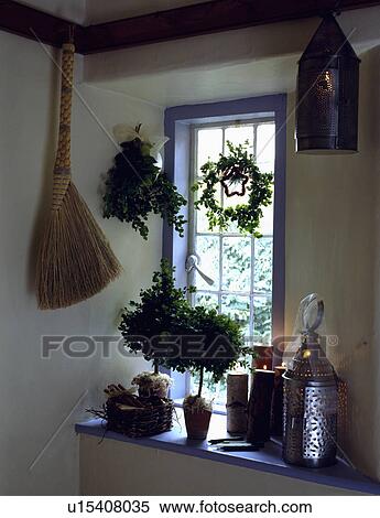 Miniature trees in pots and lighted lantern on cottage windowsill View Large Photo Image Stock Photography - Miniature trees in pots and lighted lantern on cottage windowsill. Fotosearch