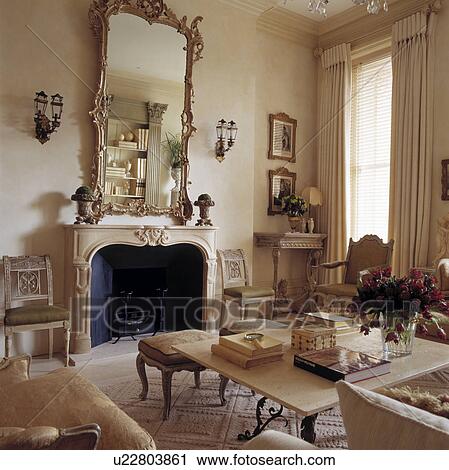 Mirror above fireplace in traditional living room View Large Photo Image Stock Image - Mirror above fireplace in traditional living room. Fotosearch