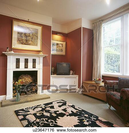 Modelado, alfombra, delante de, blanco, chimenea, en, terracota, sala