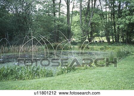 Stock Image - Modern arched pole sculpture in pond bordered by trees. Fotosearch