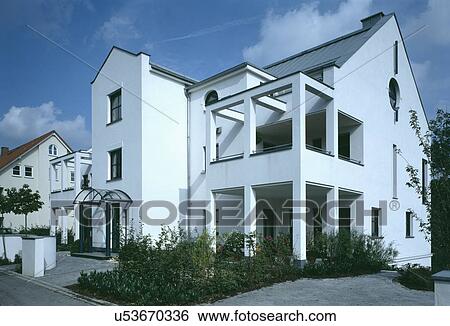 Modern white house in country village View Large Photo Image Stock Photograph - Modern white house in country village. Fotosearch