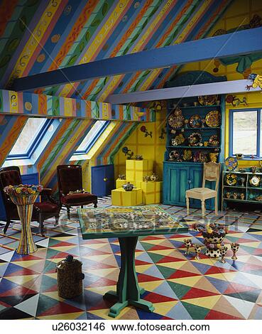 Multi-coloured chequerboard floor and primary-coloured striped ceiling in over-the-top attic living room View Large Photo Image Stock Photograph - Multi-coloured chequerboard floor and primary-coloured striped ceiling in over-the-top attic living room. Fotosearch