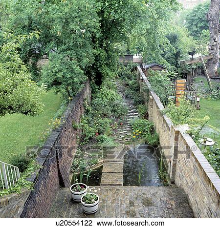 Narrow town garden with brick path and walls and formal pond View Large Photo Image Stock Image - Narrow town garden with brick path and walls and formal pond. Fotosearch