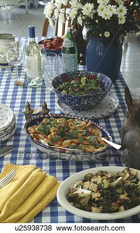 Stock Photo - pasta, blue, settings, check, cloth, salad, food. Fotosearch