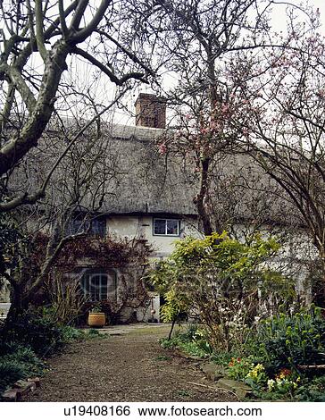 Path through trees to traditional thatched English country cottage View Large Photo Image Stock Photograph - Path through trees to traditional thatched English country cottage. Fotosearch